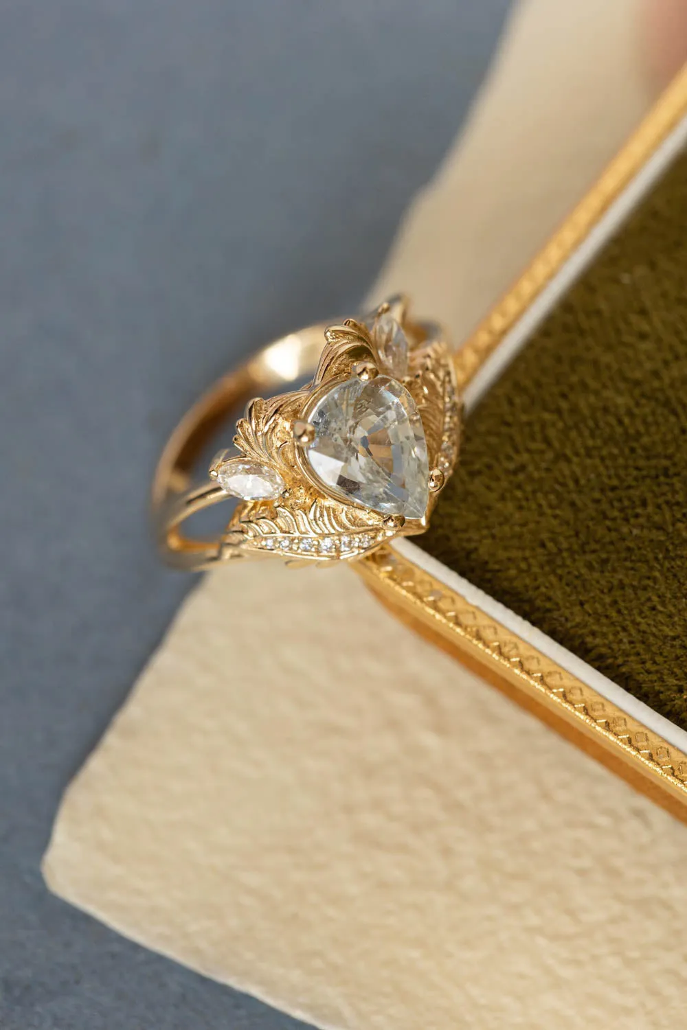 White sapphire engagement ring, gold nature themed proposal ring / Adonis