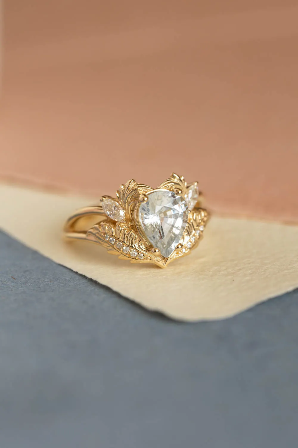 White sapphire engagement ring, gold nature themed proposal ring / Adonis