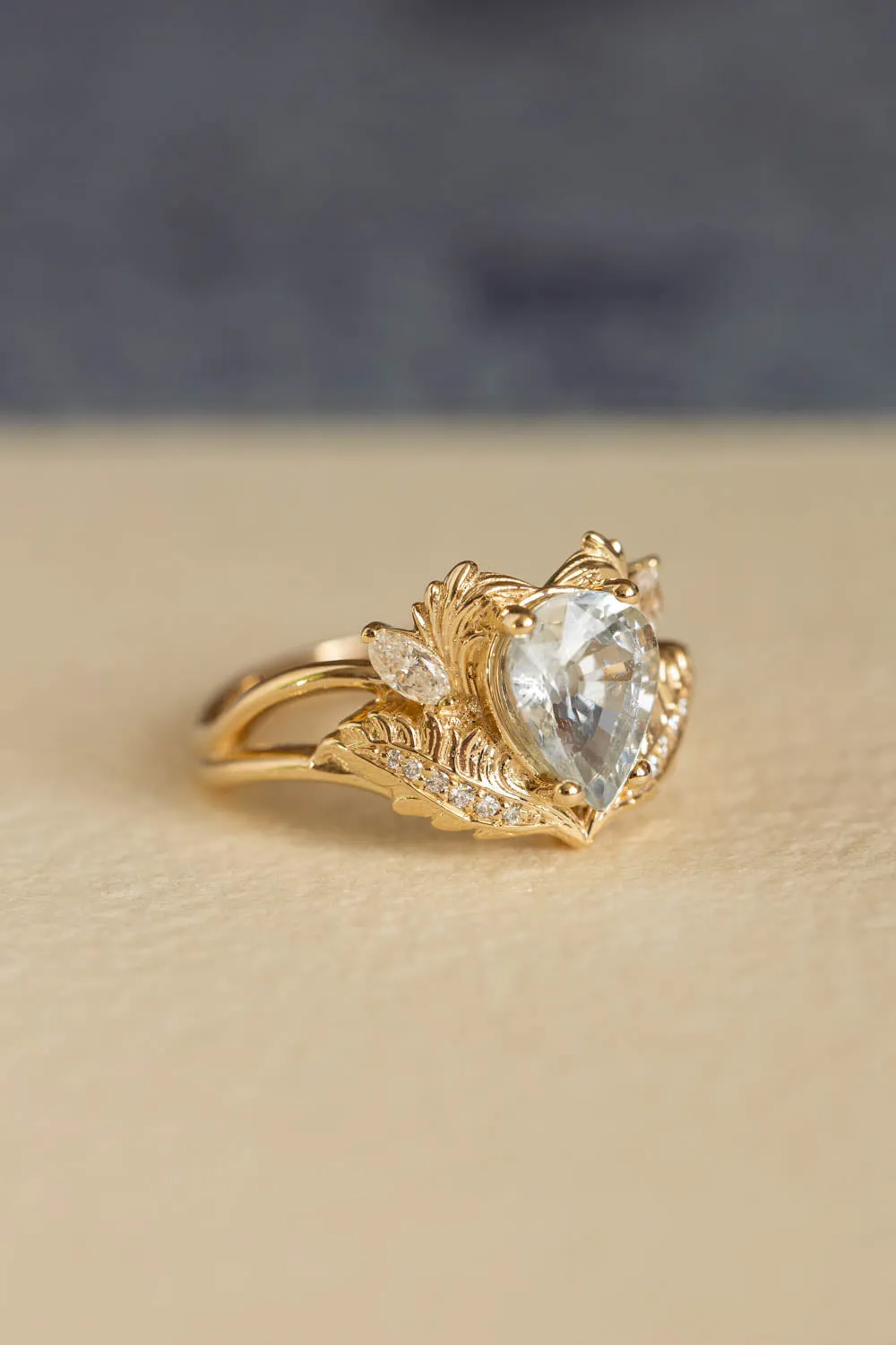 White sapphire engagement ring, gold nature themed proposal ring / Adonis