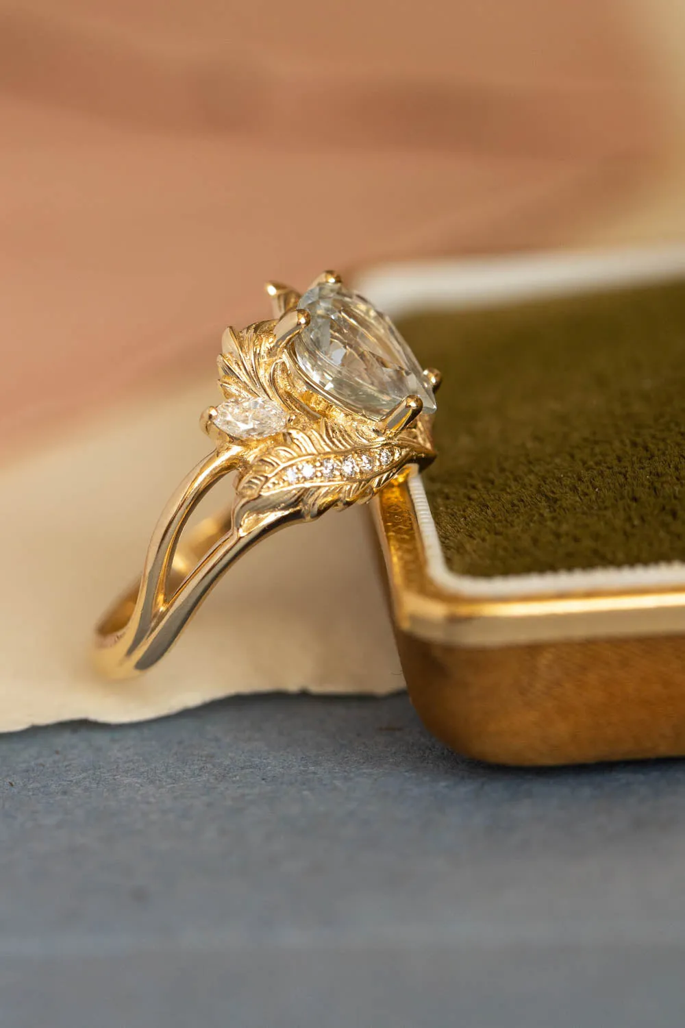 White sapphire engagement ring, gold nature themed proposal ring / Adonis