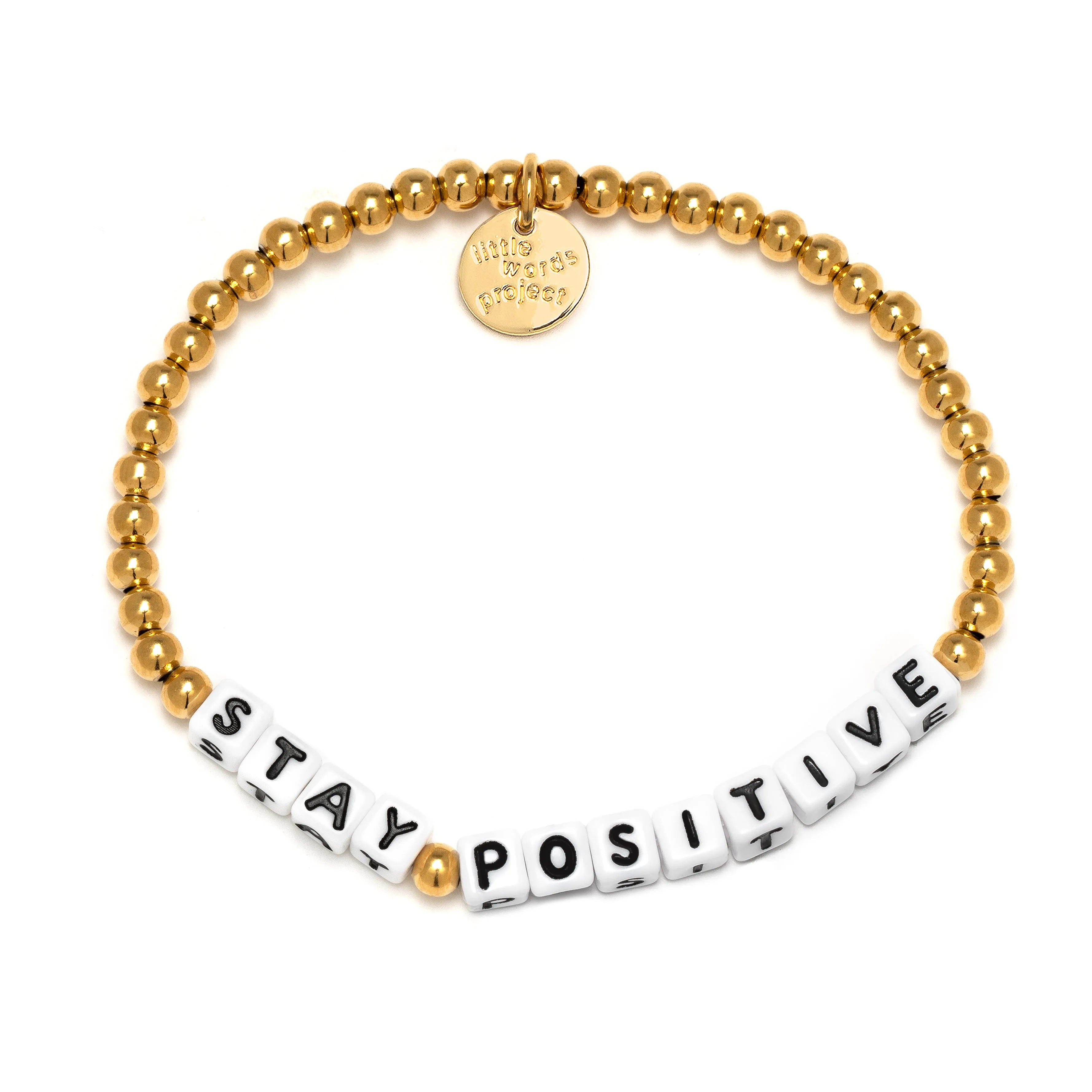 White Stay Positive Little Words Project Waterproof Gold Trackable Bracelet S/M